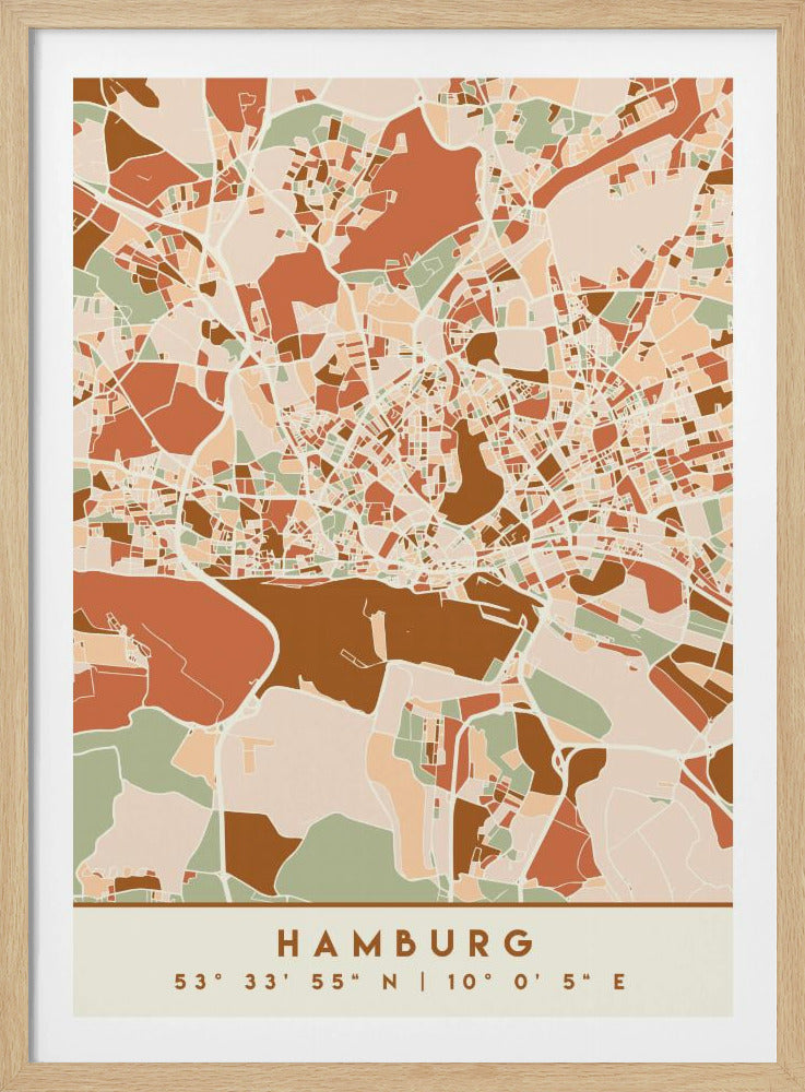 A modern, stylized art print of a Hamburg city map, featuring an abstract pattern of streets and neighborhoods in a color palette of terracotta, brown, sage green, and cream. The bottom of the print has a cream border with the city's name 'HAMBURG' and its geographical coordinates. The artwork is presented in a thin black frame. Wall Art