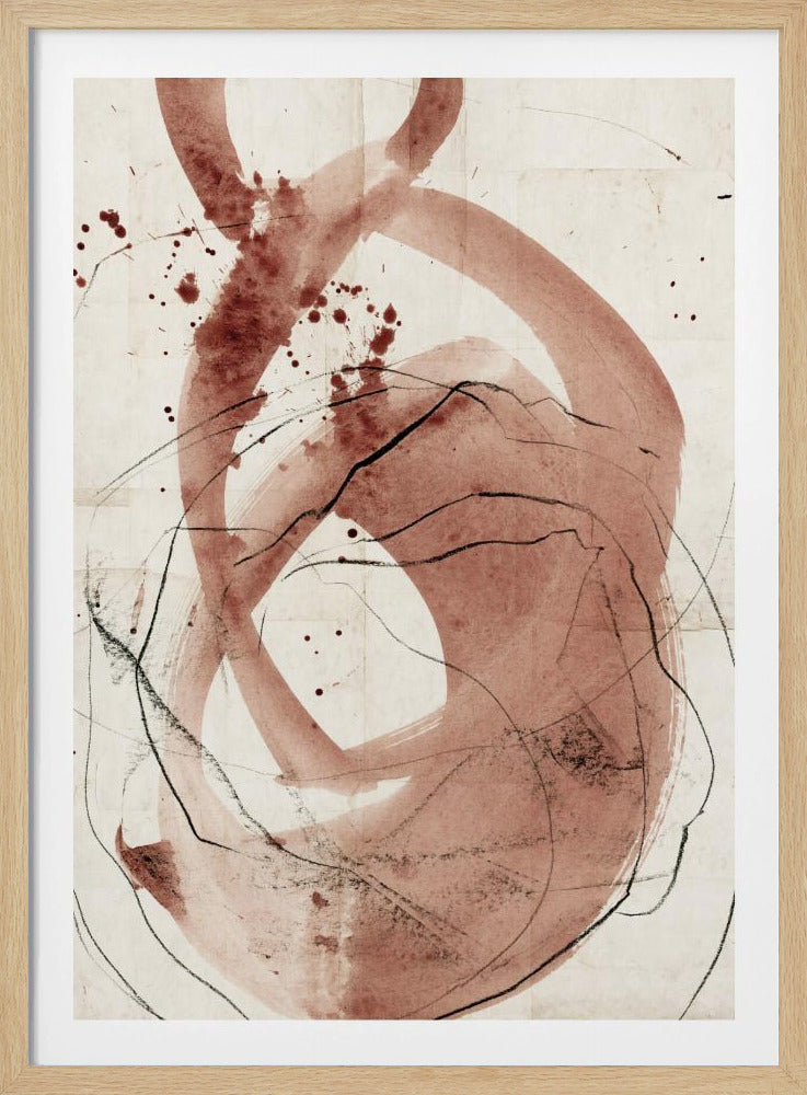 An abstract painting in a black frame featuring a large, gestural, looping brushstroke in a terracotta-brown watercolor on a textured, off-white background. The composition is accented with splatters of the same brown paint and energetic, thin black calligraphic lines. Decor