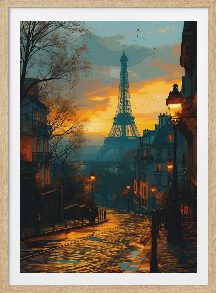 An evocative painting of a Parisian cobblestone street at sunset, with the Eiffel Tower silhouetted against a golden sky. Warm light from street lamps reflects on the wet ground, illuminating the historic buildings. Print