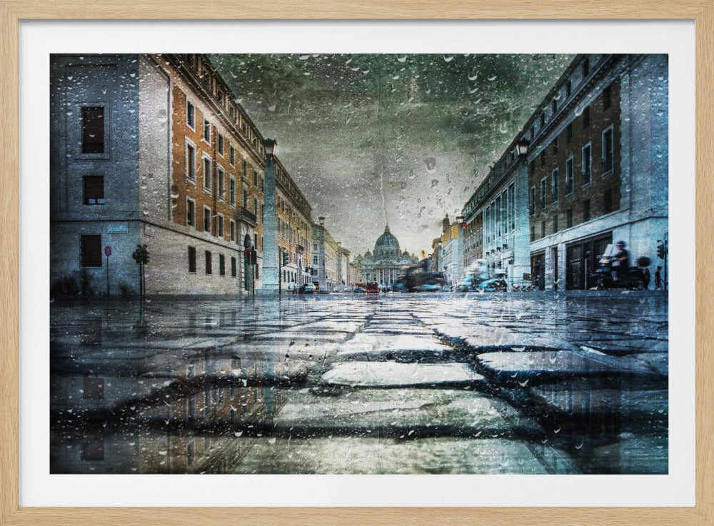 A low-angle, artistic photograph of a wet cobblestone street in Rome leading to St. Peter's Basilica in the distance. The image has a moody, textured feel with an overlay of raindrops, as if viewed through a rainy window, and reflections of the historic buildings in the puddles on the street. Decor