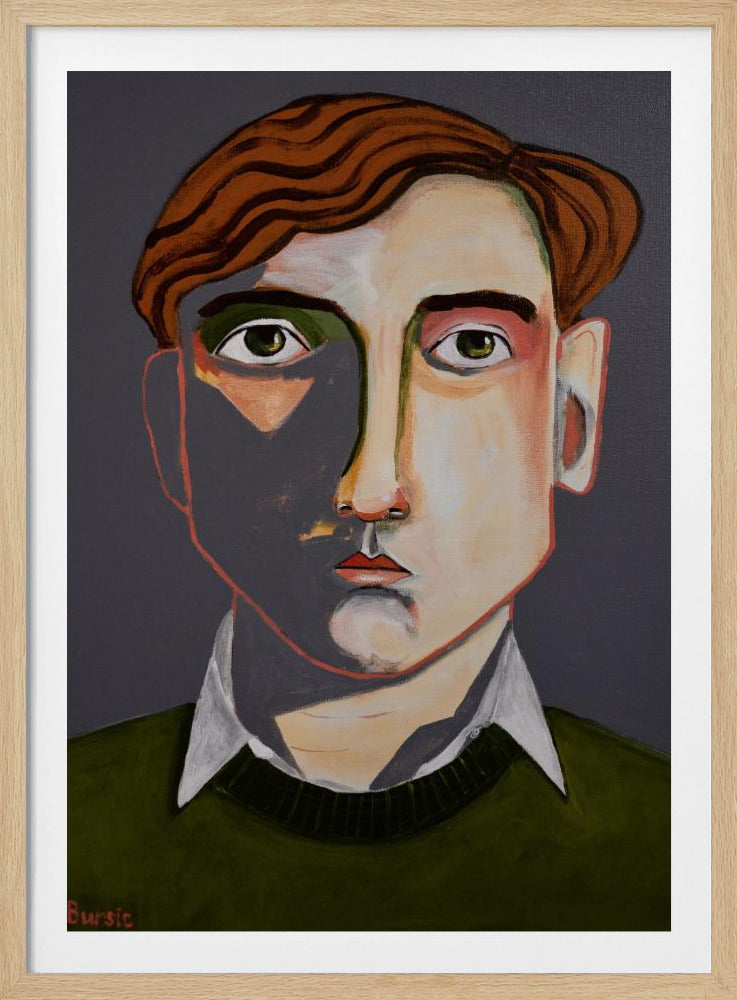 A modern, stylized portrait painting of a young man with wavy, reddish-brown hair and green eyes. He looks forward with a neutral expression. His face is angular with sharp lines, and a dramatic shadow covers the left side. He is wearing a dark olive green sweater over a white collared shirt, set against a solid dark gray background. The artwork is signed 'Bursic' in the lower-left corner and is presented in a simple black frame. Decor