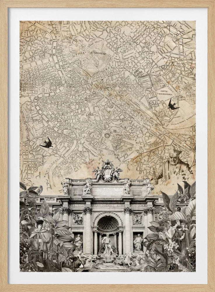 A vintage-style collage with a sepia map of Rome as the background. At the bottom is a detailed black and white illustration of the Trevi Fountain, surrounded by cutouts of foliage and historical figures. Two black birds are shown flying over the map. Decor