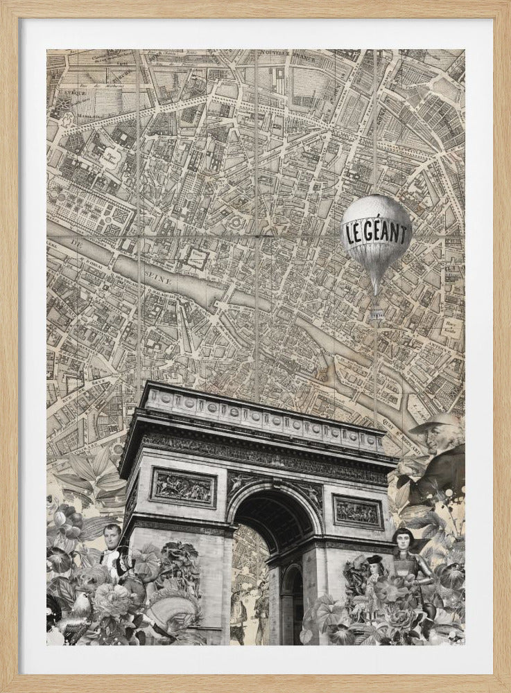 A vintage-style black and white collage featuring the Arc de Triomphe over a background of an old map of Paris. A hot air balloon with 'LE GEANT' written on it floats above, and the foreground includes various cutouts of flowers and historical figures. Artwork