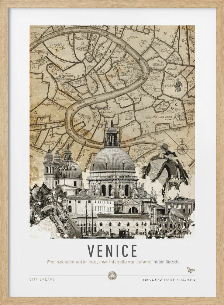 A vintage-style collage poster of Venice, Italy, featuring a sepia-toned map as the background. Superimposed are a black and white photograph of the Basilica di Santa Maria della Salute and illustrations of figures in historical Venetian carnival masks and costumes. The word 'VENICE' is printed at the bottom with a quote by Friedrich Nietzsche. Artwork