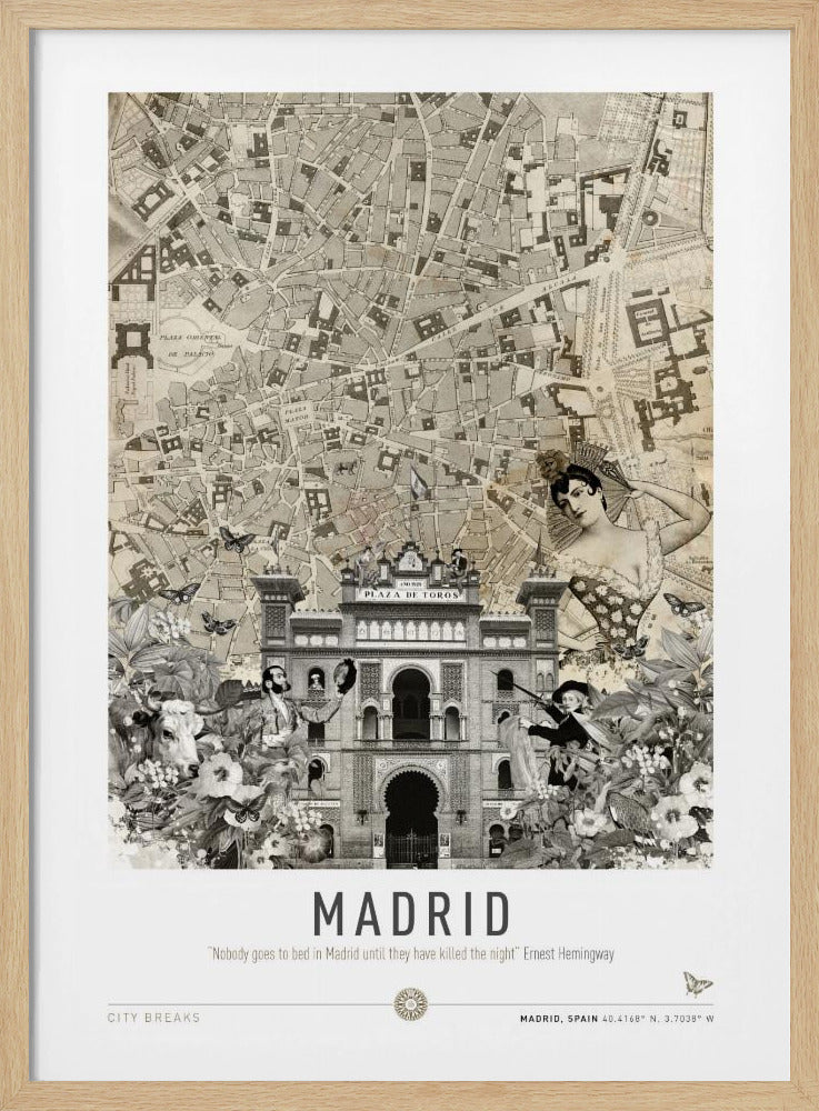 A vintage-style collage poster for Madrid, presented in a black frame. The background is an old map of the city. In the foreground is the Plaza de Toros, surrounded by illustrative elements including a matador, a bull, a woman with a fan, flowers, and butterflies. At the bottom, the word 'MADRID' is printed in bold, with an Ernest Hemingway quote underneath. Poster