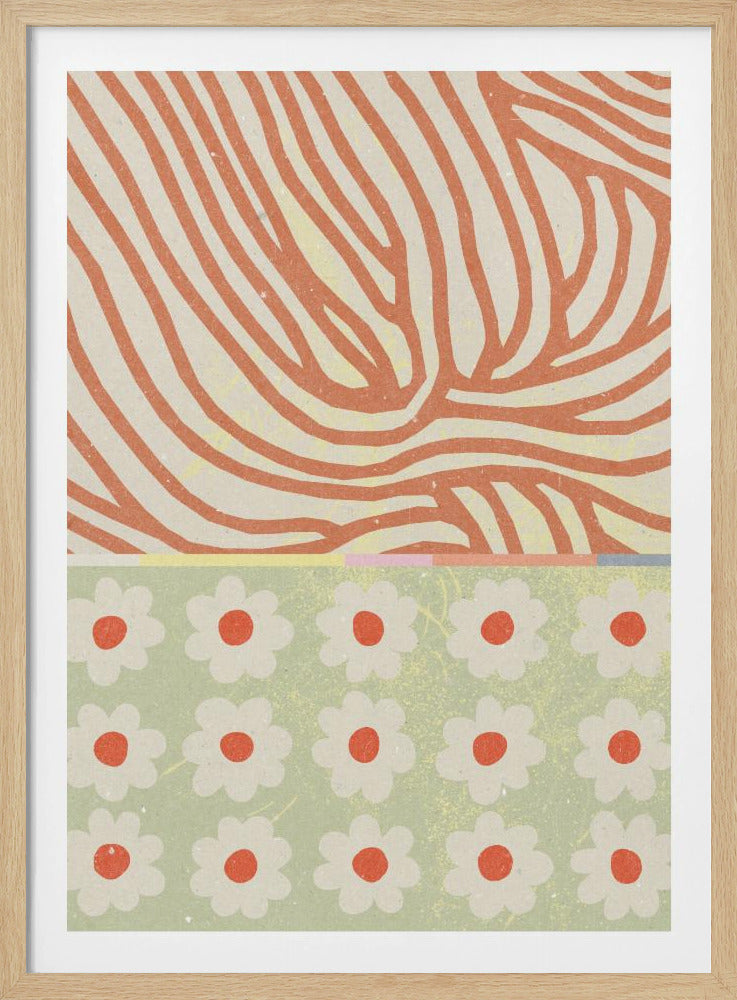 A modern abstract artwork with a split design. The top section features wavy, organic orange lines on a cream background, resembling wood grain. The bottom section is a pattern of simple white and orange flowers on a sage green background. Poster