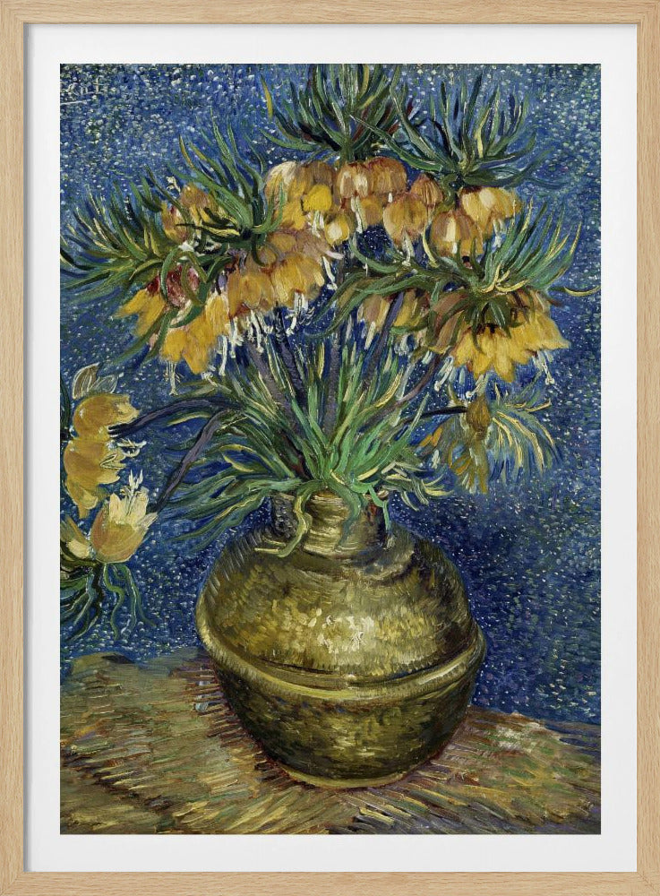 A post-impressionist still life painting by Vincent van Gogh featuring a bouquet of yellow Imperial Fritillaries with green leaves in a round copper vase against a vibrant, textured blue background. Artwork