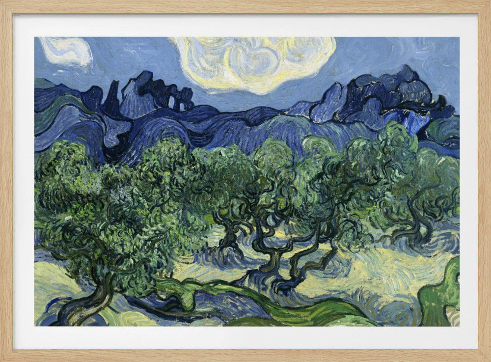 A framed post-impressionist painting by Vincent van Gogh depicting a vibrant landscape of gnarled green olive trees against a backdrop of rolling dark blue mountains under a swirling, stylized sky. Artwork