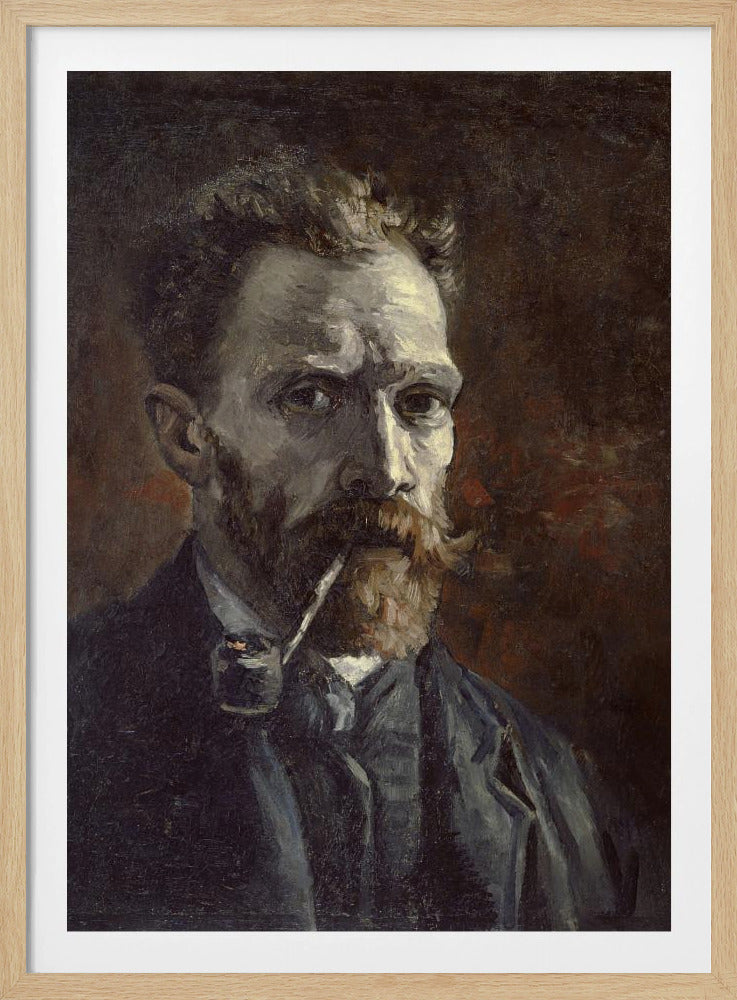 A framed, dark, and moody oil painting of Vincent van Gogh's self-portrait. He looks directly at the viewer with an intense expression, a pipe held in his mouth. He has a reddish beard and mustache and is wearing a dark suit against a dark brown, textured background. Decor