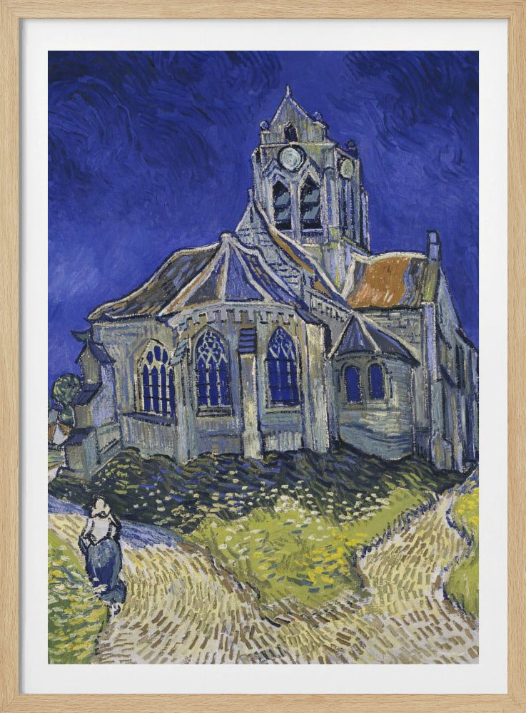 A post-impressionist painting by Vincent van Gogh, 'The Church at Auvers.' The artwork features a large, slightly distorted church under a turbulent, deep blue sky. A lone figure of a woman walks on a path in the foreground, which is rendered in strokes of green, yellow, and earth tones, typical of Van Gogh's expressive style. Artwork