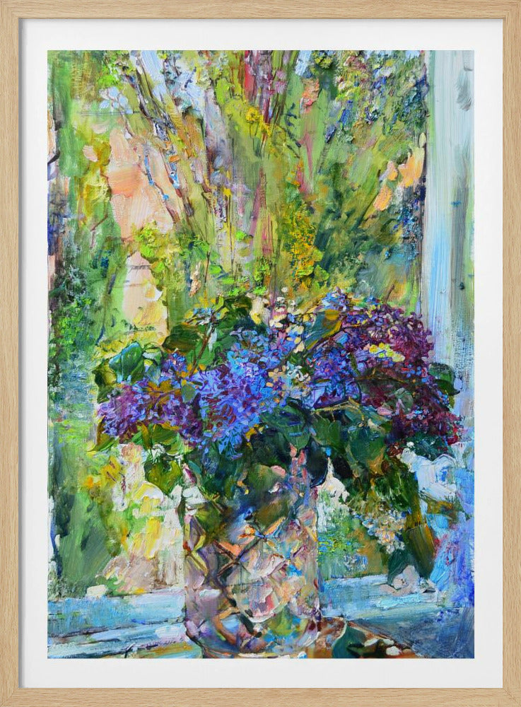An impressionistic oil painting of a vibrant bouquet of purple and blue lilacs in a textured crystal vase, set against a sunlit window with lush green foliage outside. The artwork is characterized by thick, expressive brushstrokes. Artwork