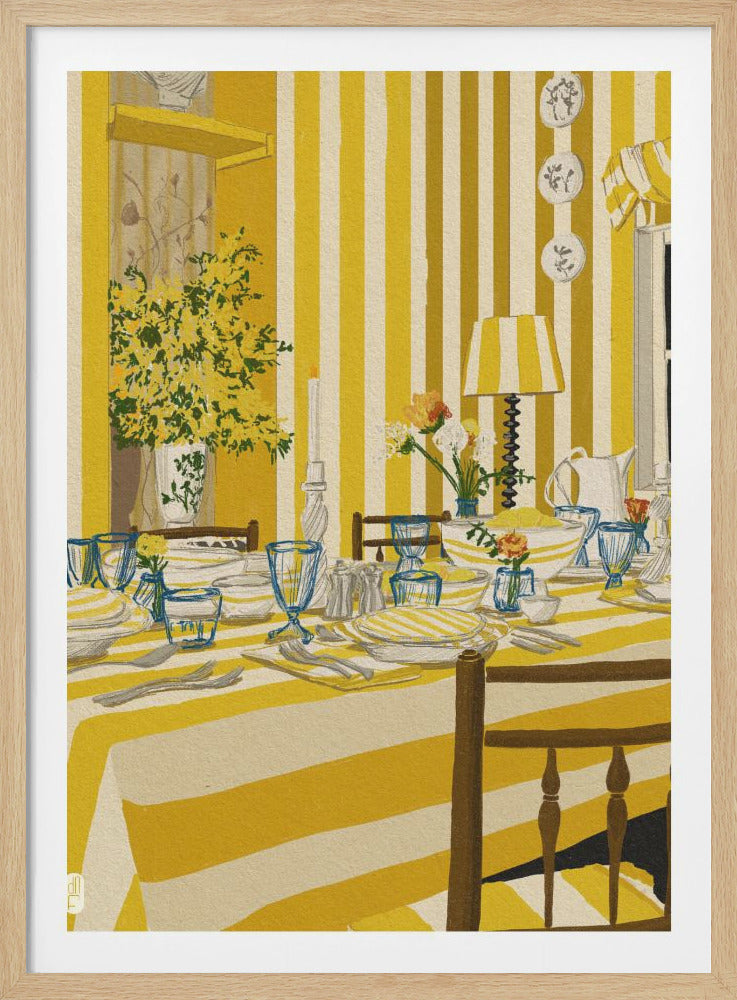 A vintage-style illustration of a sunny dining room with bold yellow and white striped wallpaper. A long table is covered with a matching striped tablecloth and is elaborately set with plates, blue glasses, and silverware for a meal. Vases of fresh flowers decorate the table and the room. Print