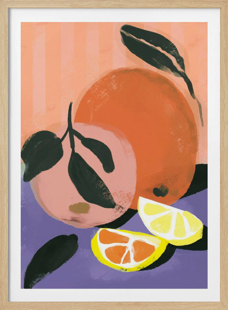 A colorful, painterly illustration of citrus fruits. The composition features two whole fruits, one orange and one pink, with dark green leaves, alongside two wedges of lemon and orange. They are set against a purple foreground and a background of vertical peach-colored stripes. Poster