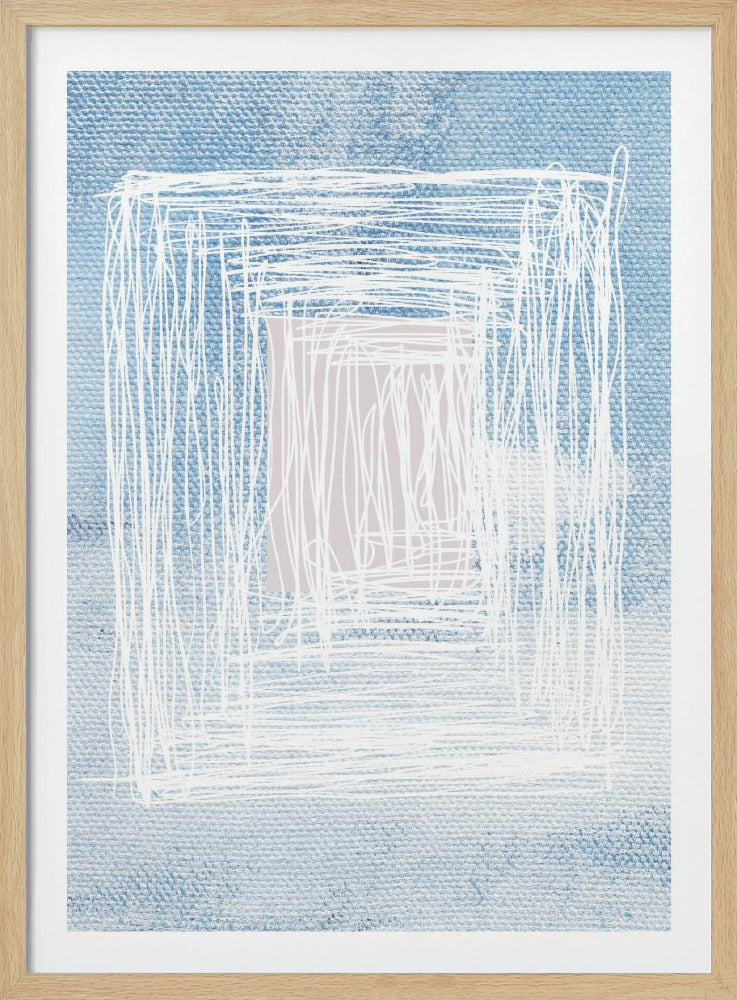 An abstract artwork in a black frame, featuring a textured light blue background with a chaotic overlay of thin white scribbled lines forming a rectangular structure, and a solid pale grey rectangle at its center. Artwork
