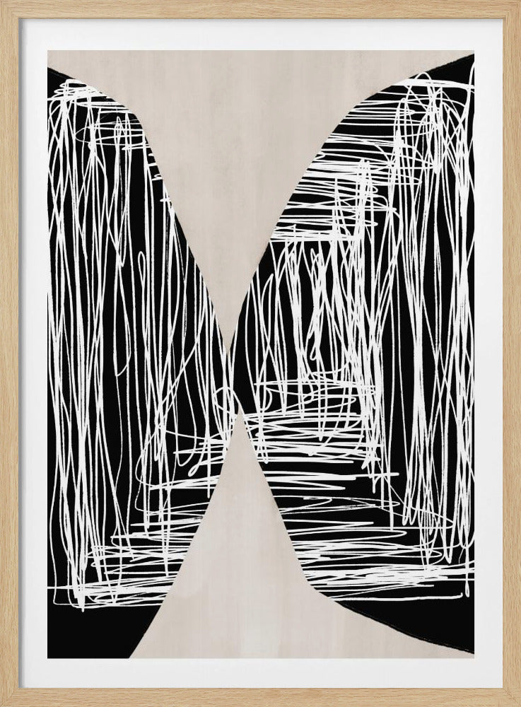 A framed abstract artwork featuring a bold black and off-white design. A central, hourglass-like shape in a solid off-white color divides the composition, while the surrounding black areas are filled with chaotic, expressive white scribbled lines, creating a strong graphic contrast. Artwork