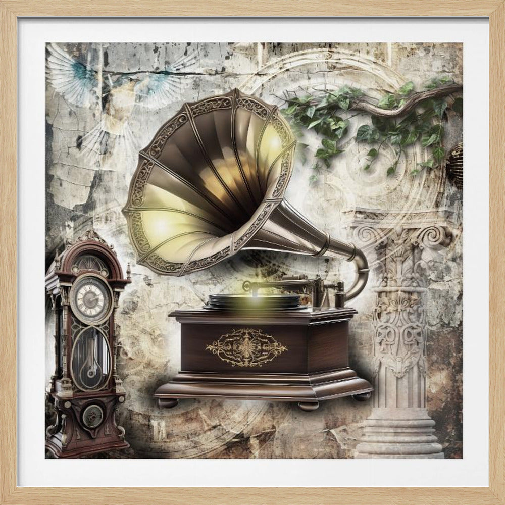 A vintage-style collage featuring an ornate gramophone with a glowing horn as the centerpiece. It is flanked by a wooden grandfather clock and a weathered stone column with ivy. The background is a cracked, textured wall with faint images of birds, all enclosed in a light wood frame. Print