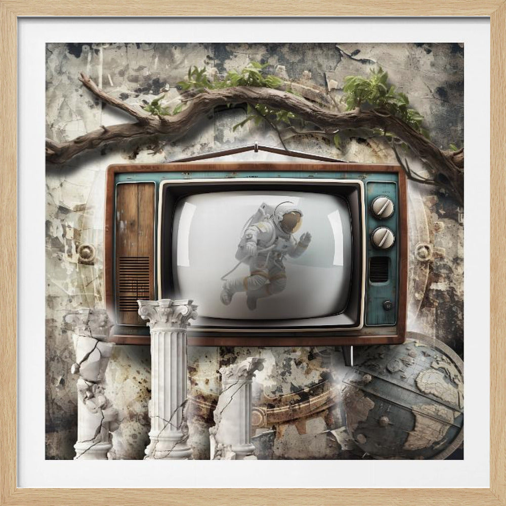 A surreal collage artwork featuring a vintage television with a wood and teal frame, showing an astronaut floating in space on its screen. The TV is set against a weathered, distressed wall with a gnarled tree branch overhead and broken classical columns and an old globe below. Artwork