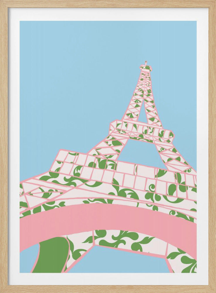 A stylized graphic illustration of the Eiffel Tower with a pink and green floral pattern against a solid light blue background, framed in black. Decor