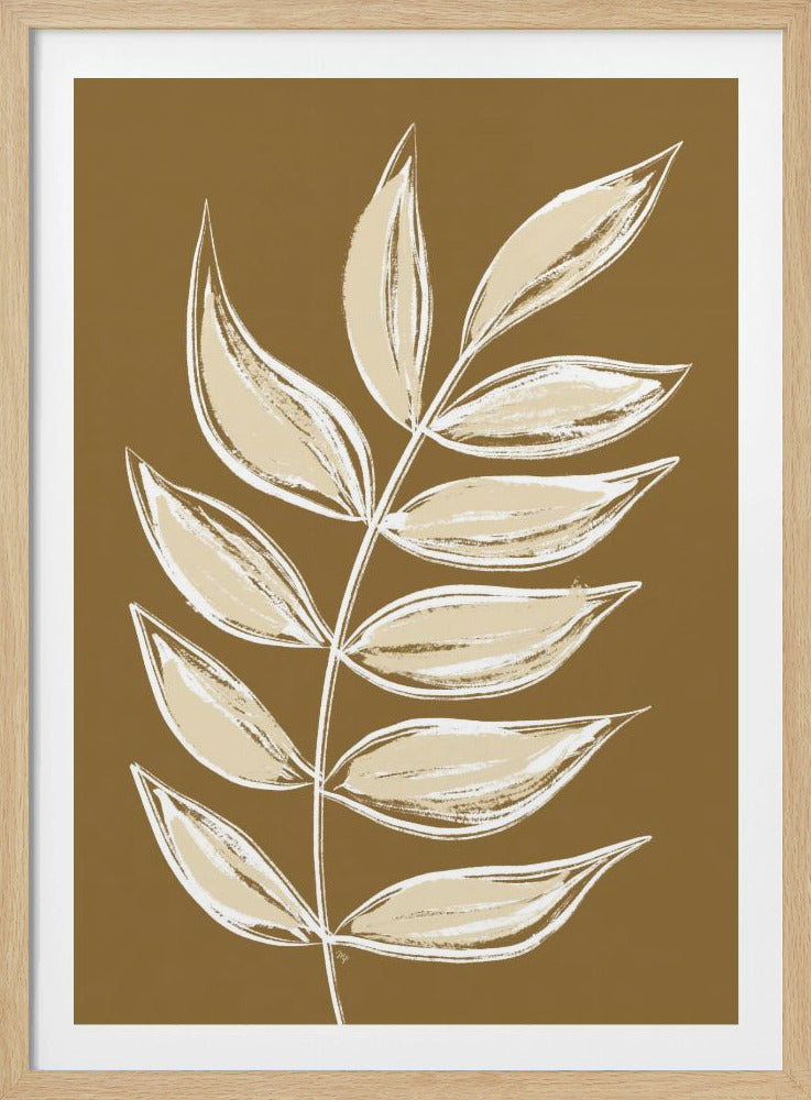 A modern botanical art print featuring a stylized leaf branch. The leaves are painted in shades of cream and white with a sketchy outline, set against a solid caramel brown background. The artwork is presented in a simple black frame. Wall Art