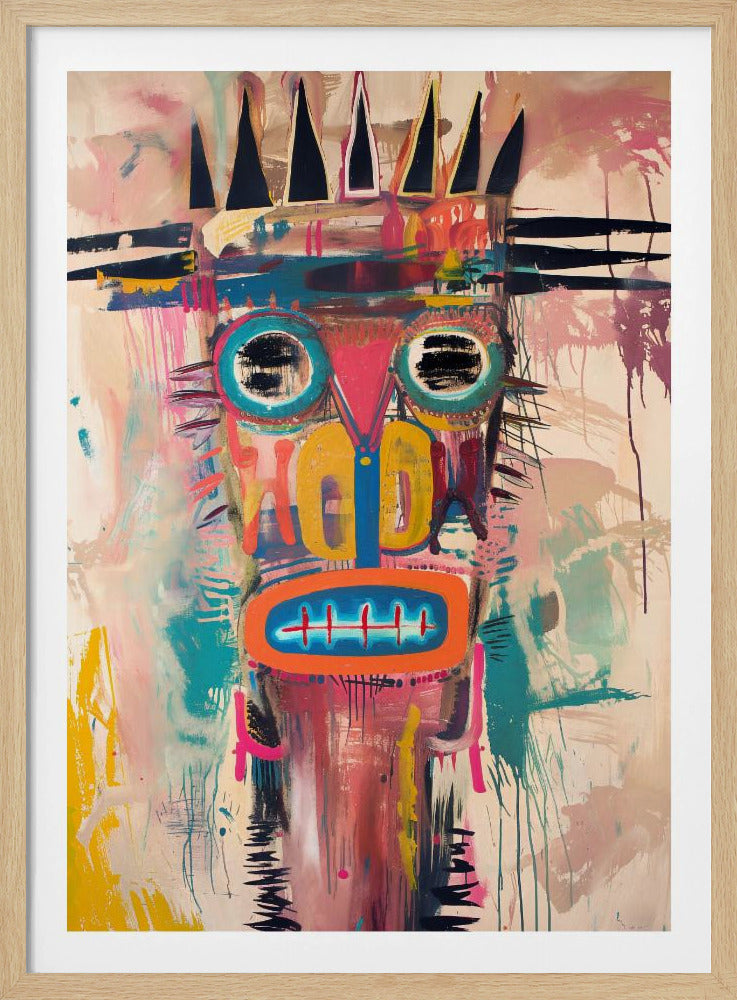 A vibrant, neo-expressionist abstract painting of a crowned figure's head. The face is composed of bold shapes and colors, including large turquoise-ringed eyes with black scribbles, a pink triangular nose, and an orange mouth with stitch-like teeth. A jagged black crown sits atop the head. The background is a mix of pink and beige washes, with energetic brushstrokes and drips throughout, creating a raw, graffiti-like aesthetic. Poster