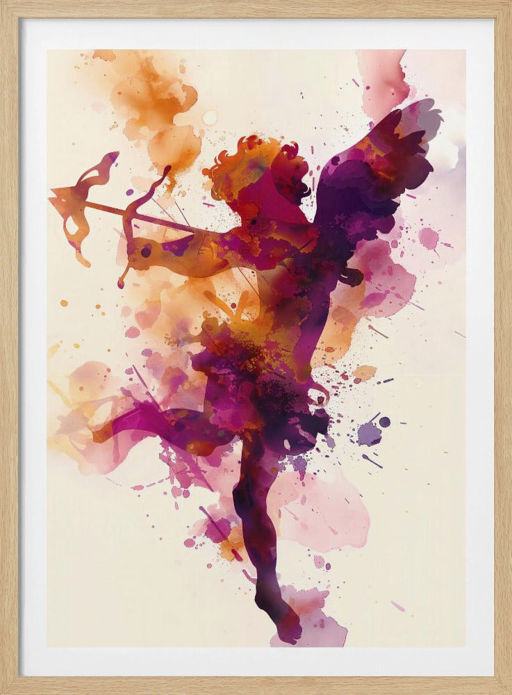 A vibrant watercolor painting of Cupid shown in silhouette. The figure of the winged god of love is filled with a blend of purple, pink, and orange hues, with splatters of paint creating a dynamic effect. He is aiming a bow and arrow, set against a plain off-white background and framed in black. Poster