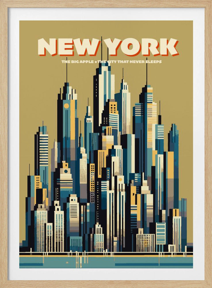 A vintage-style travel poster depicting the New York City skyline. The illustration uses a geometric, minimalist style with a color palette of blues, yellows, and off-white against a muted green sky. The words 'NEW YORK' are featured prominently at the top, with 'THE BIG APPLE • THE CITY THAT NEVER SLEEPS' underneath. Decor