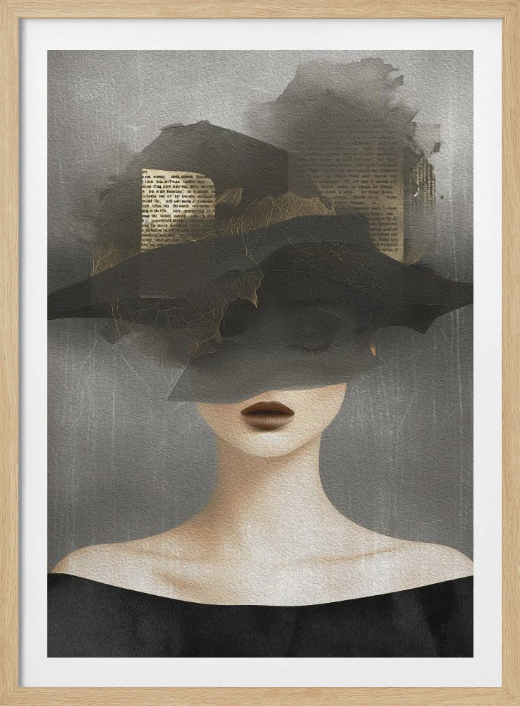 A surrealist portrait of a woman in a black frame. Her eyes are covered by a large, abstract black hat made of torn paper and fragments of old text. She has pale skin, dark lips, and wears a black off-the-shoulder top against a textured gray background. Artwork