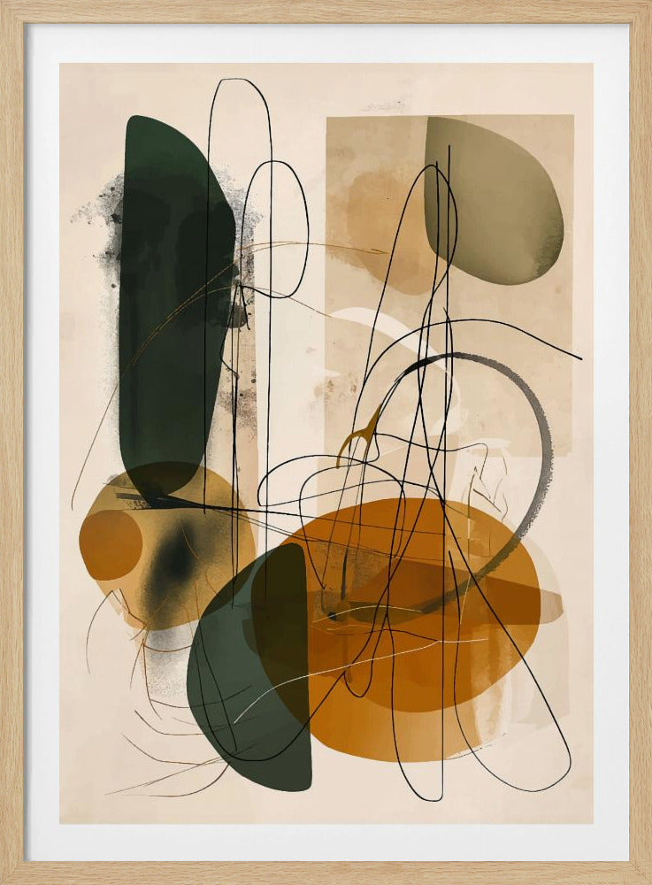 A vertical abstract composition featuring a mix of organic, overlapping shapes in dark green, ochre, and muted olive green against a light beige background. Thin, gestural black lines scribble and loop across the canvas, adding a dynamic and complex layer to the artwork, which is enclosed in a thin black frame. Poster