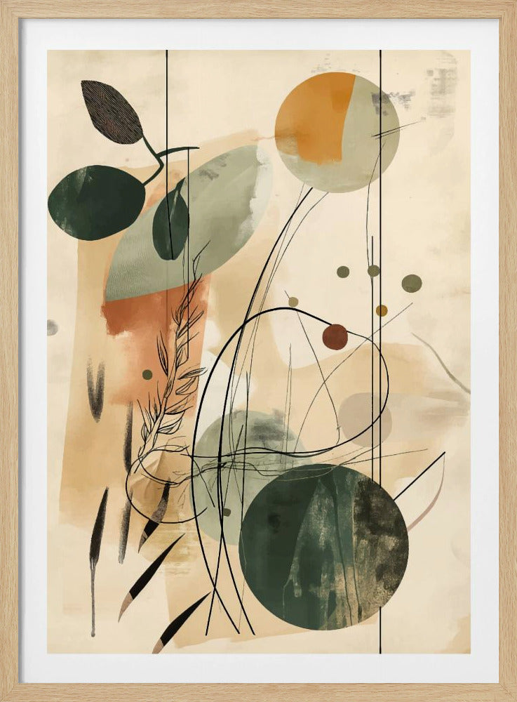 An abstract artwork featuring a blend of botanical and geometric elements. On a beige background, there are overlapping shapes in muted green, sage, and terracotta. Fine black lines create the outlines of leaves, stems, and swirling abstract forms, adding a layer of detail over the painted shapes. Poster