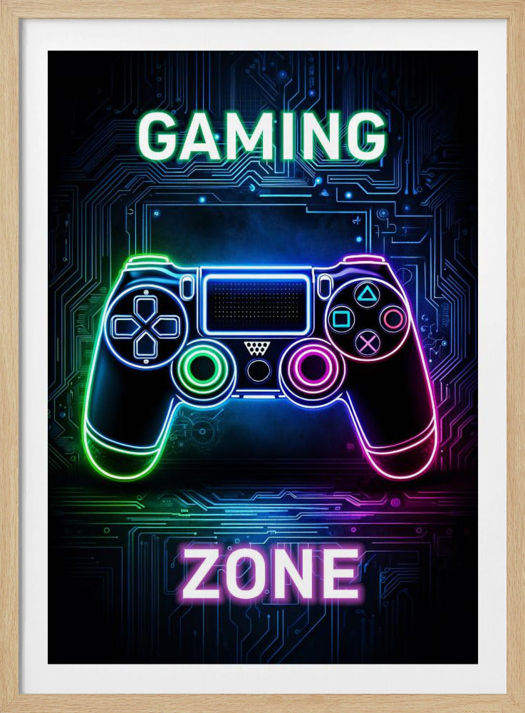 A futuristic gaming poster with a neon-outlined video game controller glowing in shades of blue, green, and pink. The controller is set against a dark background with a blue circuit board pattern. The words 'GAMING' and 'ZONE' are written in large, glowing neon letters above and below the controller. Artwork