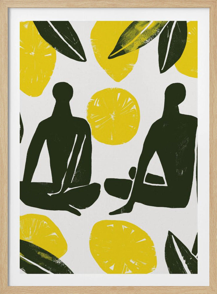 A modern, graphic illustration in a block print style, depicting two dark green human silhouettes seated amongst large yellow lemons and leaves on a white background, presented in a black frame. Decor