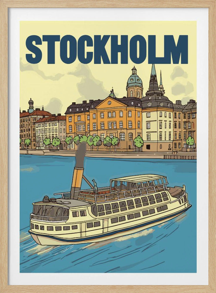 A vintage-style travel poster of Stockholm, Sweden. It features an illustration of a yellow ferry on blue water with the city's colorful waterfront buildings and architecture in the background, under the bold text 'STOCKHOLM'. Wall Art
