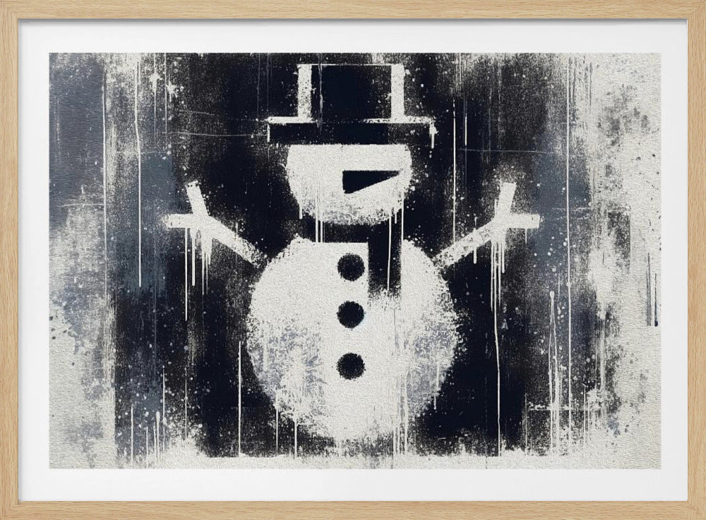 A framed black and white urban art piece featuring a stenciled snowman. The artwork has a gritty, street-art feel with spray paint texture, drips, and splatters on a dark, distressed background. The snowman is white with a black top hat, scarf, buttons, and nose. Decor