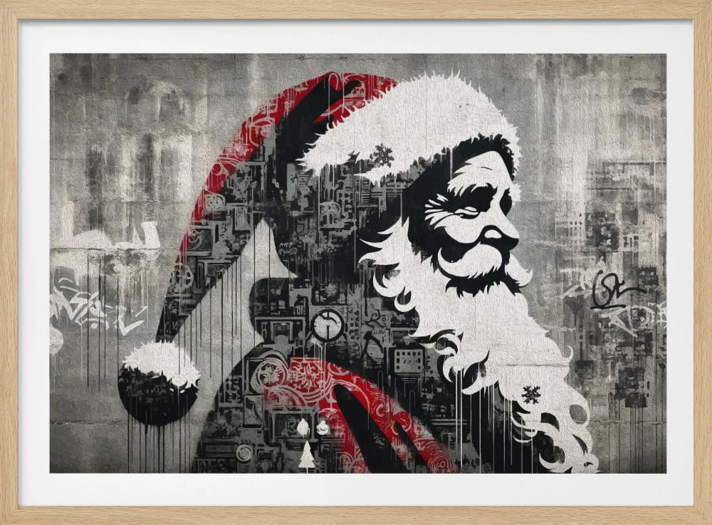 A framed graffiti-style artwork of Santa Claus in profile. The image is rendered in a stencil effect with a textured grey background. Santa's hat and suit feature red accents and are filled with intricate black and grey mechanical patterns, while his beard and the fur trim are stark white. Decor
