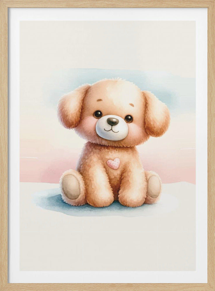 A watercolor illustration of an adorable, fluffy light brown puppy sitting down. The puppy has large, dark eyes, rosy cheeks, a gentle smile, and a small pink heart on its chest. The background is a soft wash of pastel blue and pink. The entire image is presented within a thin black frame. Decor