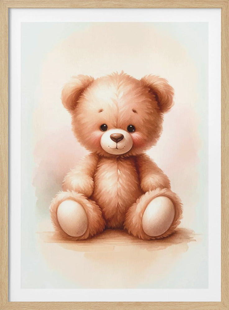 A framed watercolor illustration of a cute, fluffy, light brown teddy bear. The bear is sitting and looking forward with large, glossy black eyes and a gentle smile. It has rosy cheeks and a soft texture, set against a pale, off-white background with a hint of pink. Artwork