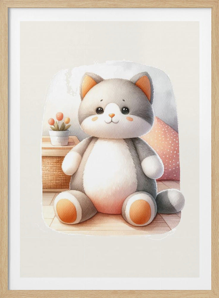 A framed watercolor illustration of a chubby, gray and white stuffed cat sitting on the floor. The cat has cute orange cheeks, ears, and paws. In the background is a small plant and a pink polka dot pillow. Poster