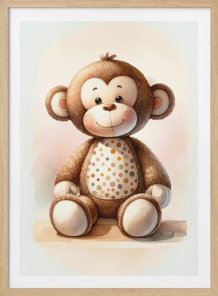 A watercolor painting of a cute, fluffy brown stuffed monkey sitting down. The monkey has a friendly smile, a cream-colored face and belly, and its belly is decorated with colorful polka dots. The illustration is set against a soft, light pink and white background and framed in black. Artwork