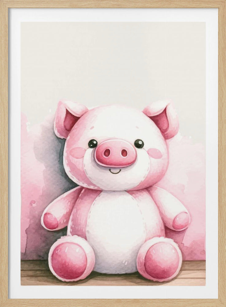 A watercolor illustration of a cute, smiling pink pig stuffed animal sitting against a light background. The pig has a round body, a white belly, and large, dark eyes, rendered in a soft, gentle style suitable for nursery decor. The image is shown within a black frame. Decor