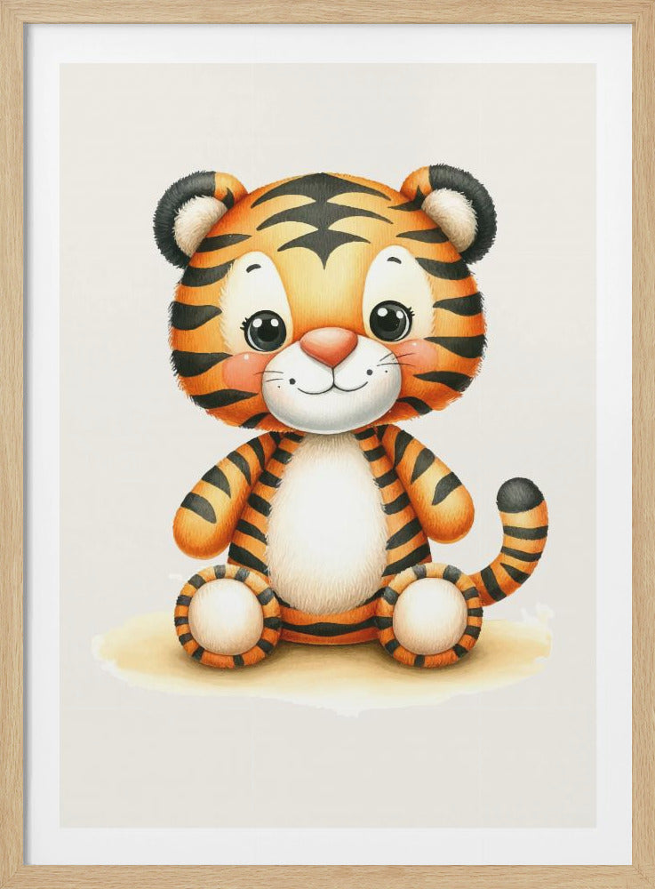 A watercolor-style illustration of a cute, cartoon baby tiger sitting down. The tiger has orange fur with black stripes, a white muzzle and belly, large black eyes, and rosy cheeks. It is smiling and looking directly at the viewer, framed by a thin black border against a white background. Decor