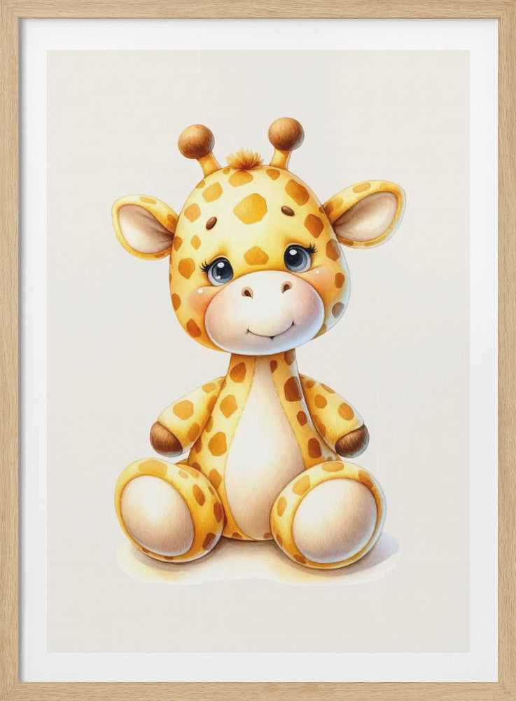 A framed watercolor-style illustration of an adorable baby giraffe sitting down. The giraffe is yellow with orange spots, has large, sparkling blue eyes, and is smiling gently against a soft white background. Poster