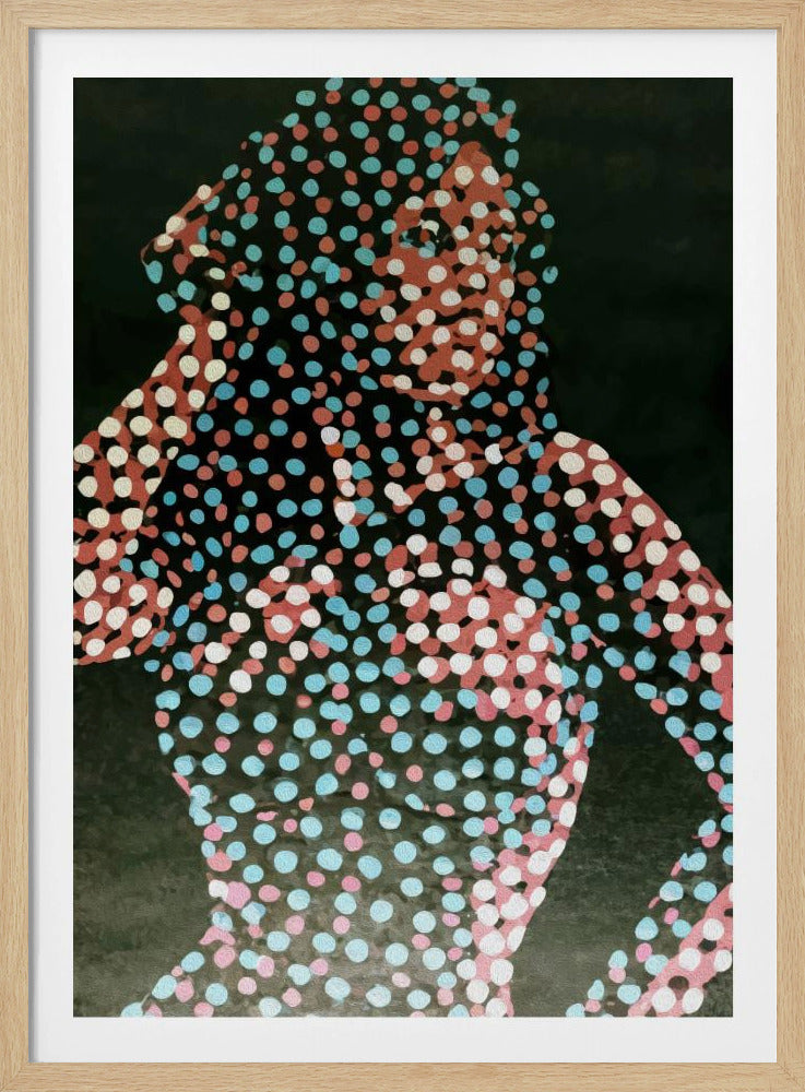 A modern pop art portrait of a person, where their silhouette is filled with a dense pattern of red, light blue, and white dots against a solid dark background, creating a fragmented and stylized image. Decor