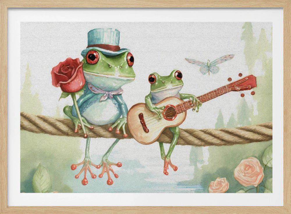 A whimsical watercolor illustration of two green frogs sitting on a thick rope. The frog on the left wears a blue top hat and holds a red rose, while the frog on the right serenades it with a small guitar. A dragonfly flies above them against a soft, natural background. Poster