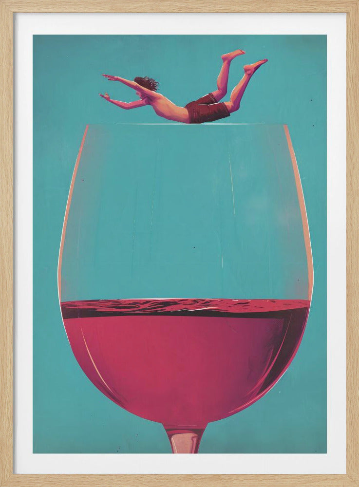 A surrealist illustration of a man in swim trunks diving into an oversized glass of red wine against a solid teal background, framed in black. Decor