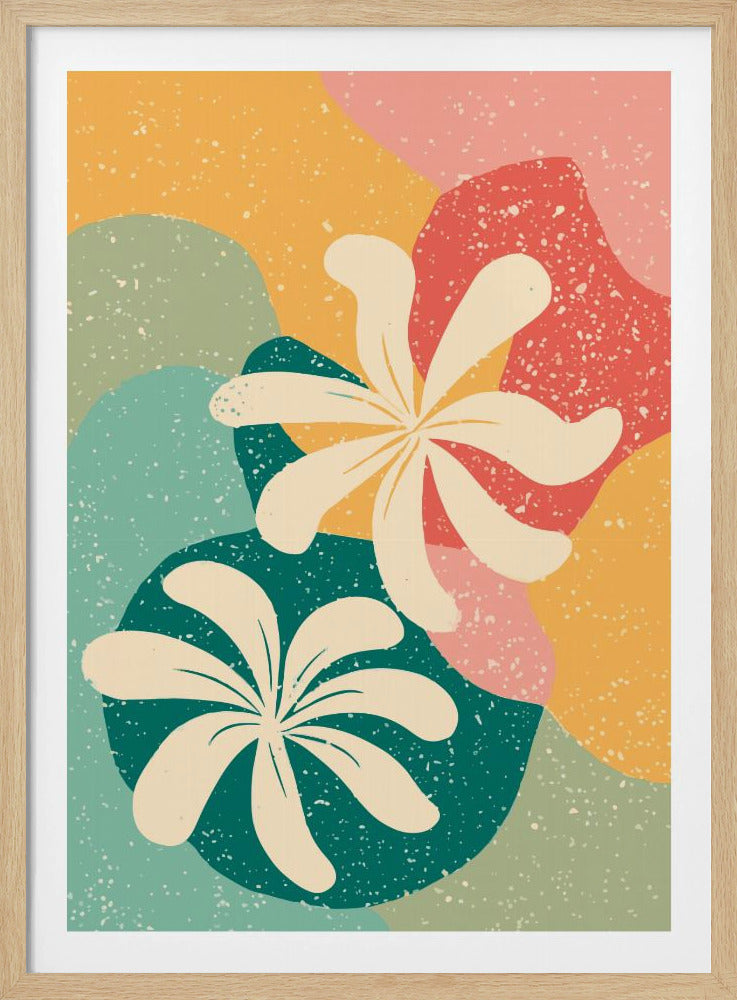An abstract art print featuring two large, stylized, cream-colored flowers. The background is composed of layered, organic shapes in mustard yellow, teal, coral, and light green, all covered with a white speckled texture, reminiscent of terrazzo. The entire piece is enclosed in a thin black frame. Decor