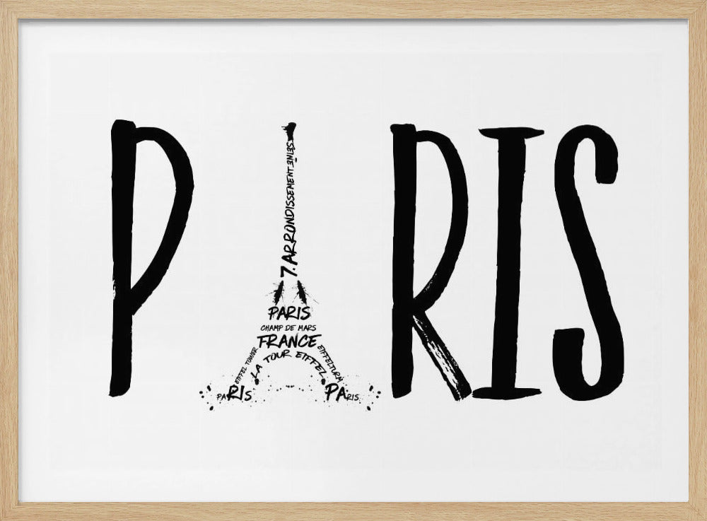 A black and white typographic art piece featuring the word 'PARIS' in a bold, brush-stroke font. The letter 'A' is creatively replaced by an illustration of the Eiffel Tower made entirely of words and phrases related to the landmark and city, such as 'France', 'Champ de Mars', and 'Seine'. The artwork is enclosed in a silver frame. Artwork
