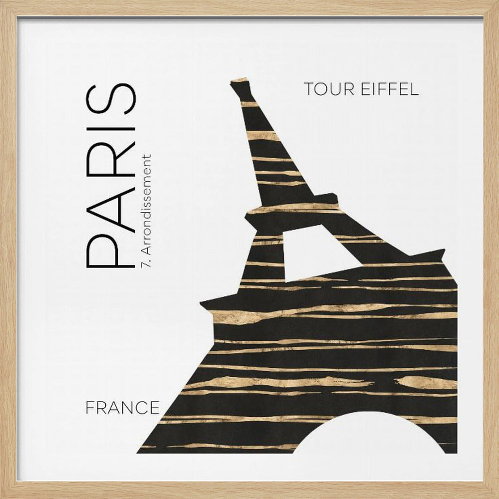 A minimalist art print in a light wood frame featuring a black and gold striped silhouette of the Eiffel Tower against a white background. The words 'PARIS', 'TOUR EIFFEL', and 'FRANCE' are printed in a clean, black font. Poster