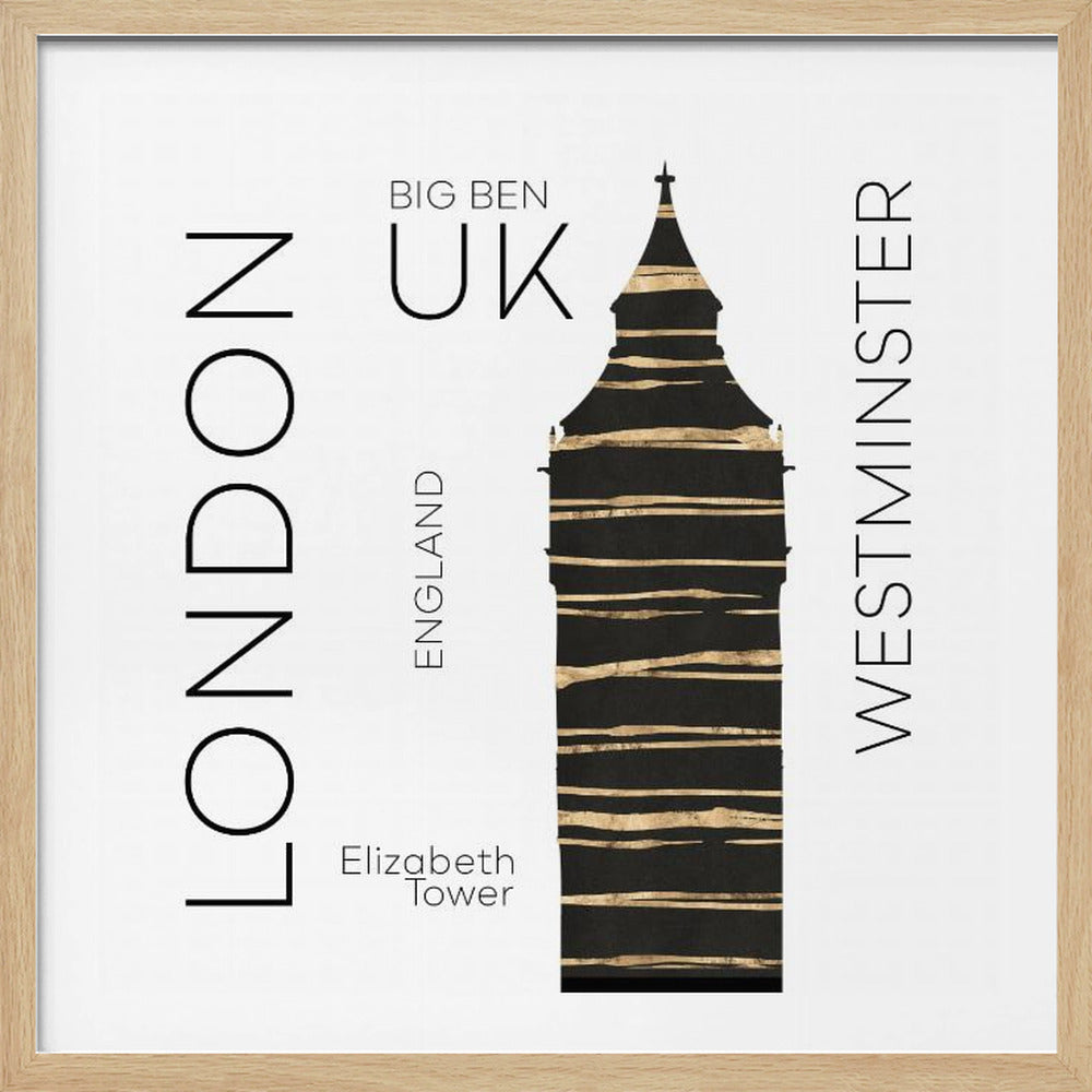 A modern art print in a light wood frame featuring a stylized black and gold silhouette of Big Ben. The image is on a white background with sans-serif text reading 'LONDON' and 'WESTMINSTER' vertically on either side, and 'BIG BEN', 'UK', and 'ENGLAND' centrally. Wall Art