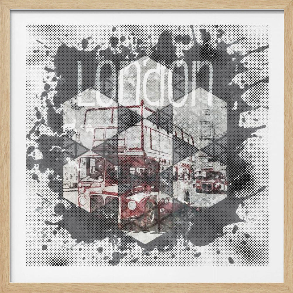 A framed modern art piece featuring a collage of London imagery, including a red double-decker bus and Big Ben, arranged in a hexagonal pattern. The artwork has a graphic, pop-art style with halftone dot effects and is surrounded by grey and black ink splatters, with the word 'london' visible at the top. Poster