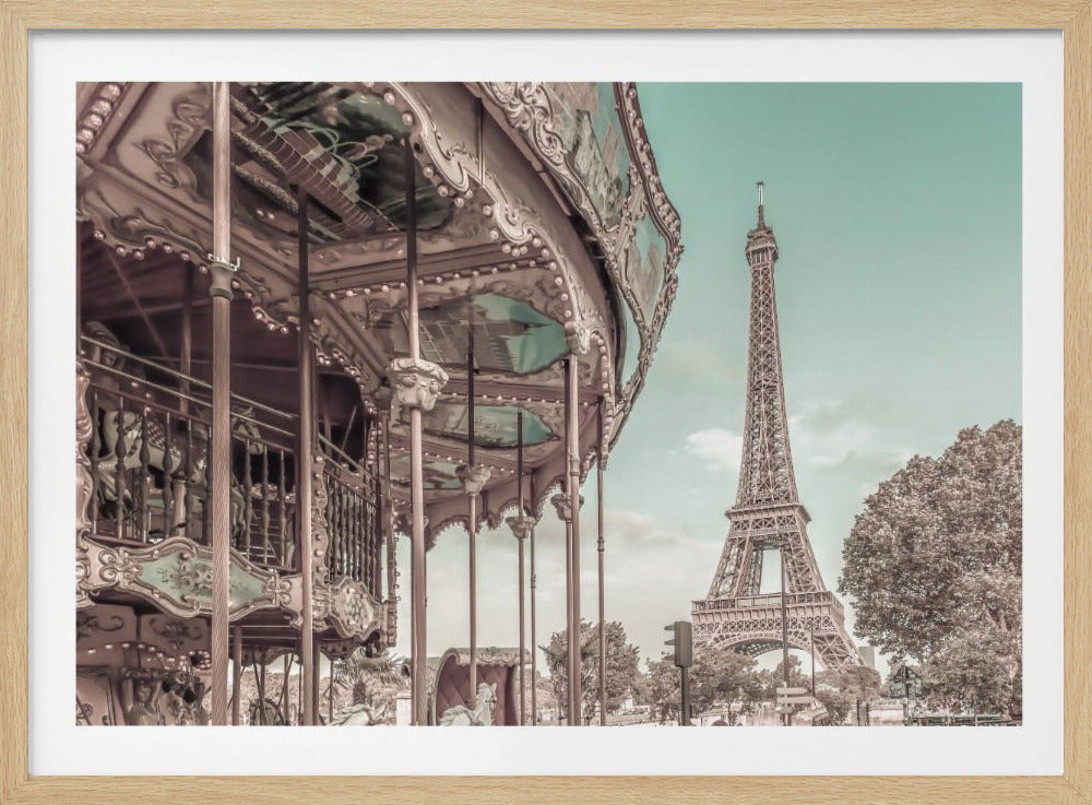 A vintage-style photograph with a muted color palette, featuring an ornate carousel in the foreground and the Eiffel Tower in the background against a pale teal sky in Paris, France. Poster